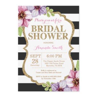 Pink Black Gold Bridal Shower Invitations Floral