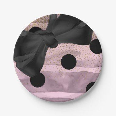Pink Black & Gold Polka Dots Chic Bow Glam Party Paper Plates