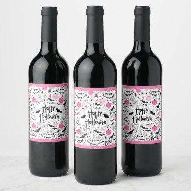 Pink Black Retro Halloween Cute Ghost Wine Label