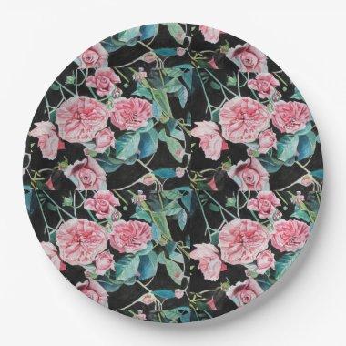 Pink Black Roses Floral flowers Party Paper Plate