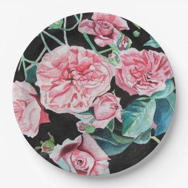 Pink Black Roses Floral flowers Party Paper Plate