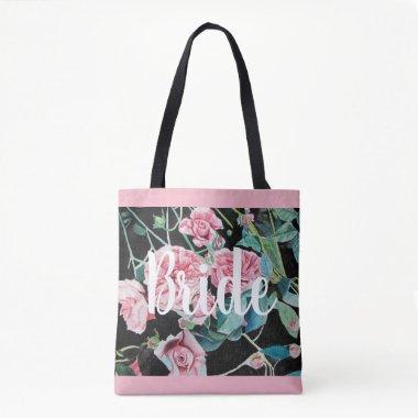 Pink Black Roses Floral Wedding Bride Tote bag