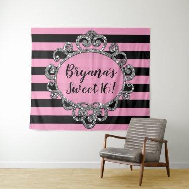 Pink Black Silver Striped Birthday Party Backdrop