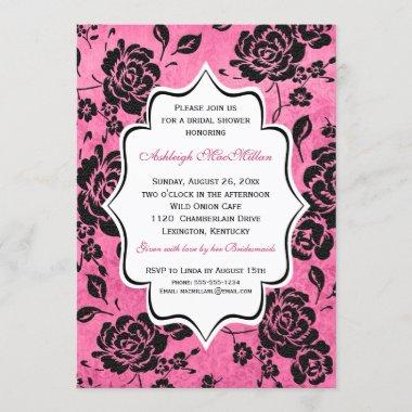 Pink Black White Floral Damask Bridal Shower Invitations