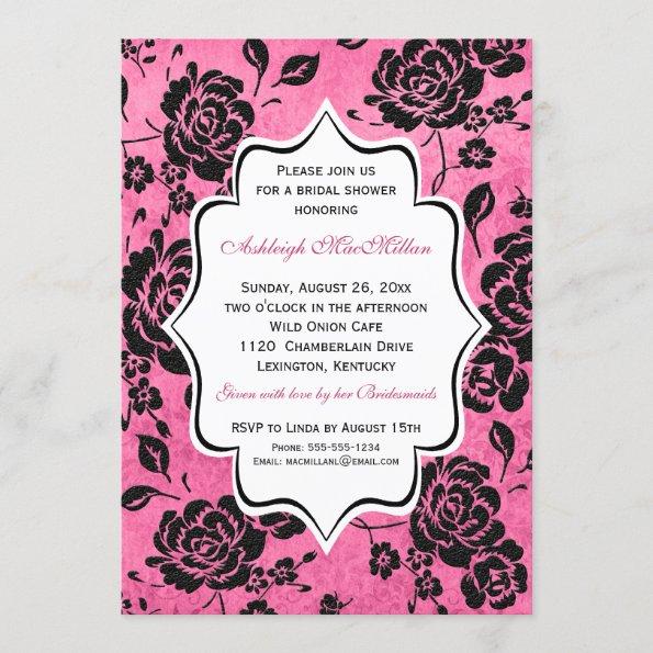 Pink Black White Floral Damask Bridal Shower Invitations