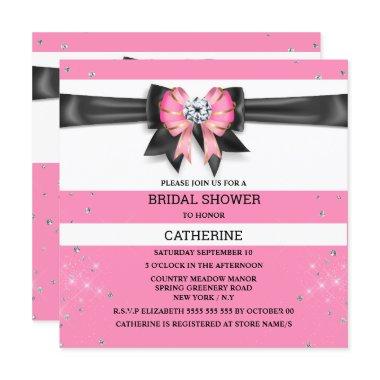 Pink black white stripe glitter bow sparkle Invitations