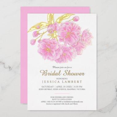 Pink blossom spring flowers bridal shower foil Invitations