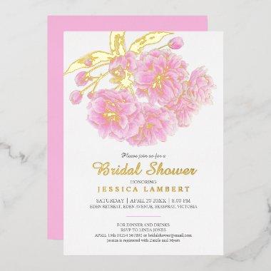 Pink blossom spring flowers bridal shower foil Invitations