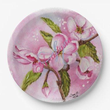 PINK BLOSSOM SPRING PARTY MONOGRAM PAPER PLATES