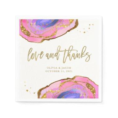 Pink Blue and Gold Geode Wedding Love and Thanks Napkins