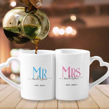 Pink & Blue Bride Groom Mr Mrs Wedding Anniversary Coffee Mug Set
