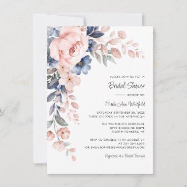 Pink Blue Floral Script Bridal Shower Invitations