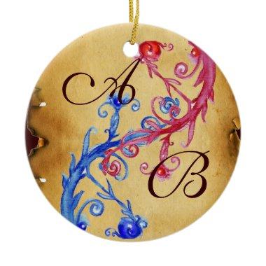 PINK BLUE FLORAL SWIRL WEDDING SOUVENIR MONOGRAM CERAMIC ORNAMENT