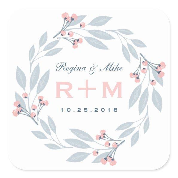 Pink Blue Leaf Floral Wreath Wedding Favor Sticker