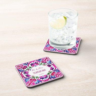 Pink blue Mexican tile bridal shower wedding favor Beverage Coaster