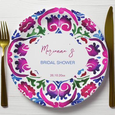 Pink blue Mexican tiles bridal shower tableware Paper Plates