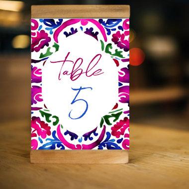 Pink blue Mexican tiles bridal shower tableware Table Number