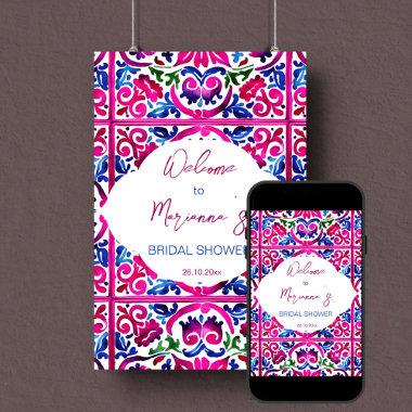 Pink blue Mexican tiles bridal shower welcome sign