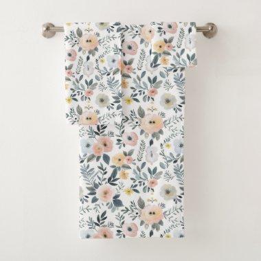 Pink Blue Peach Pastel Watercolor Floral Gift Bath Towel Set