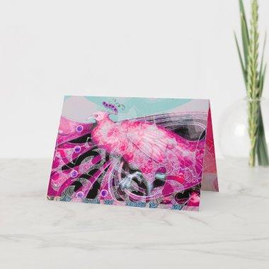 PINK BLUE PEACOCK WITH FLORAL AND GEOMETRIC SWIRLS HOLIDAY Invitations