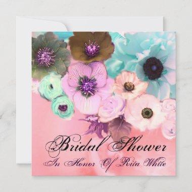 PINK BLUE ROSES AND ANEMONE FLOWERS BRIDAL SHOWER Invitations