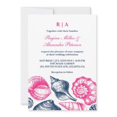 Pink Blue Seashells Beach Wedding Invitations