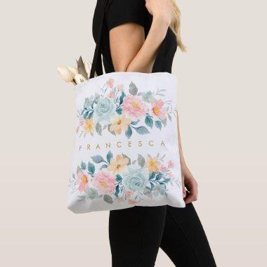 Pink Blue Spring Pastels Floral Watercolor Name Tote Bag