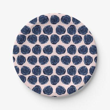 Pink Blue Watercolor Rose Vines Cottage Wedding Paper Plates