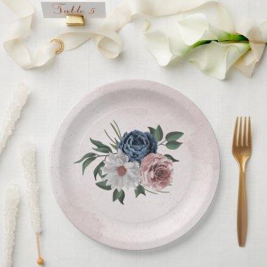 pink blue white floral greenery wedding paper plates