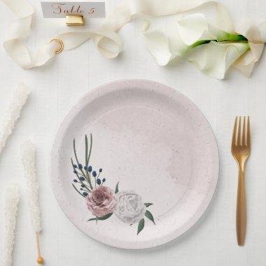 pink blue white floral greenery wedding paper plates