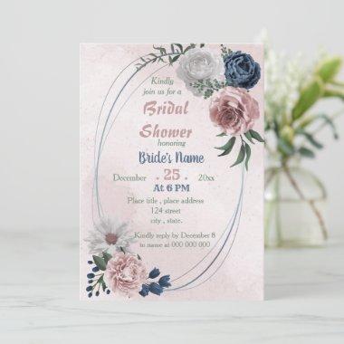 pink blue & white floral wreath bridal shower Invitations
