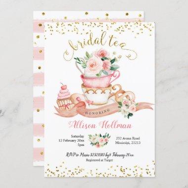 Pink Blush and Gold Floral Bridal Shower Tea Party Invitations