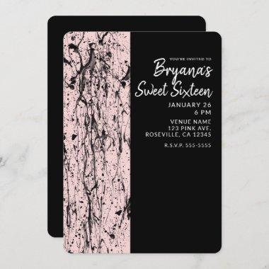 Pink Blush & Black Paint Sweet 16 ANY AGE Party Invitations