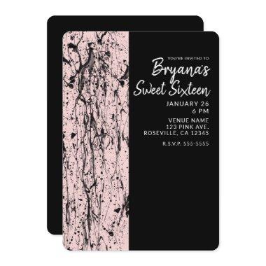 Pink Blush & Black Paint Sweet 16 ANY AGE Party Invitations