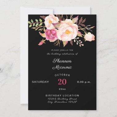Pink Blush Blooming Floral Birthday - Black Invitations