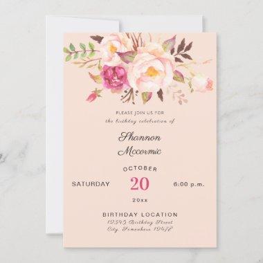 Pink Blush Blooming Floral Birthday Invitations