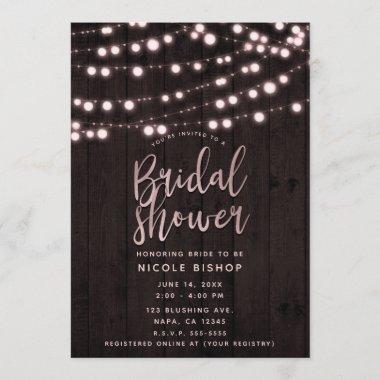 Pink Blush Brown Rustic Wood Lights Bridal Shower Invitations