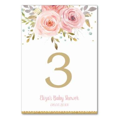 Pink Blush Floral Baby Bridal Shower Birthday Table Number