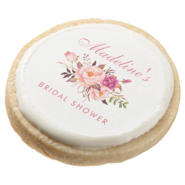 Pink Blush Floral Bridal Shower P Round Shortbread Cookie