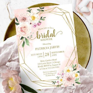Pink Blush Floral Gold Geometric Bridal Shower Invitations