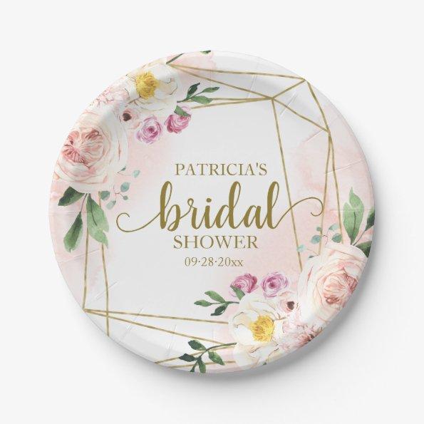 Pink Blush Floral Gold Geometric Bridal Shower Paper Plates