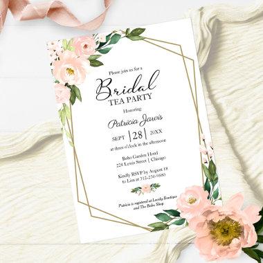 Pink Blush Floral Gold Geometric Bridal Tea Party Invitations