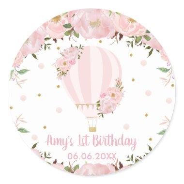 Pink Blush Floral Hot Air Balloon Birthday Favor Classic Round Sticker