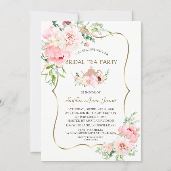 Pink Blush Flowers Gold Bridal Tea Party Invitations