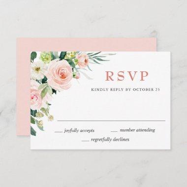 Pink Blush Flowers Greenery Watercolor Wedding RSVP Card