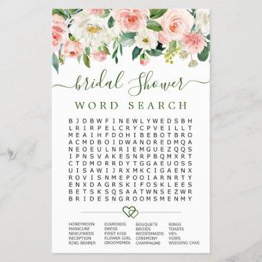 Pink Blush Flowers Word Search Bridal Shower Game