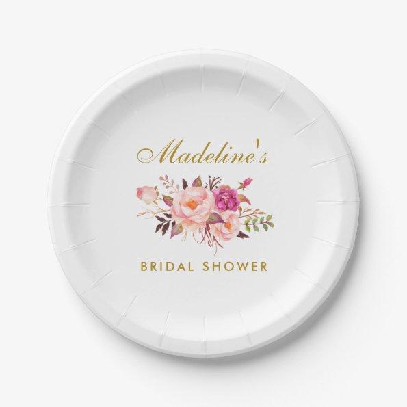 Pink Blush Gold Floral Bridal Shower Paper Plates
