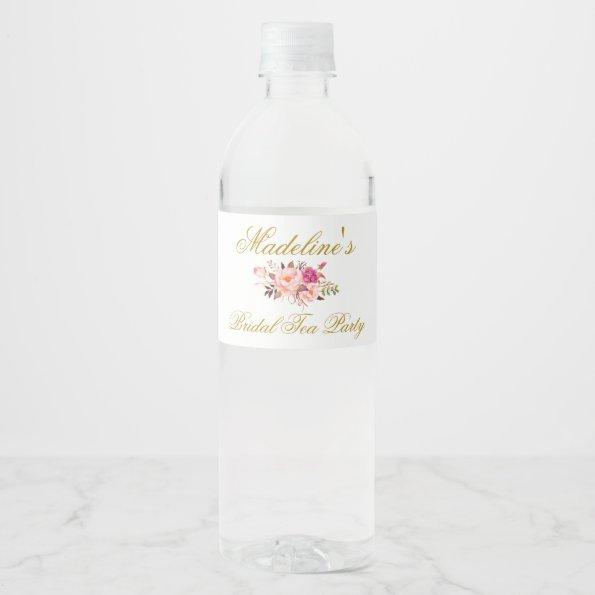 Pink Blush Gold Floral Bridal Shower Tea Party Water Bottle Label