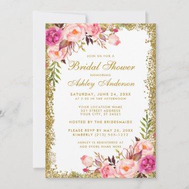 Pink Blush Gold Glitter Floral Bridal Shower Invitations