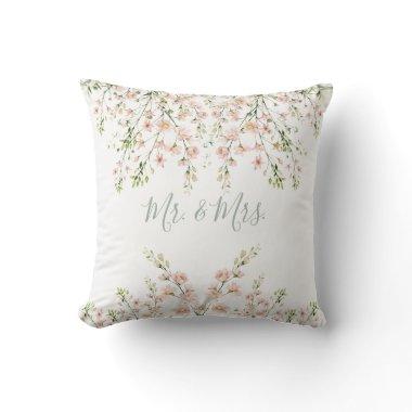 Pink Blush Mr and Mrs Floral Name Wildflowers Throw Pillow